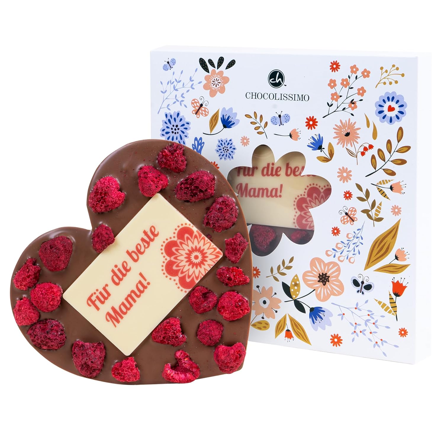 Schokoladenherz für Mama mit einem Schikoladenzettel aus weißer Schokoladen mit dem Aufdruck "Für die beste Mama!"